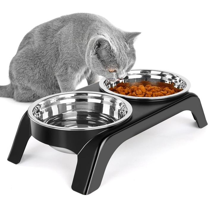 Підвищені миски для котів Befoco, проти блювоти, набір з 2 мисок з нержавіючої сталі, запобігає болю в шиї, миски для котів з ABS-пластику, антиковзний підставник, для котів, чорний колір