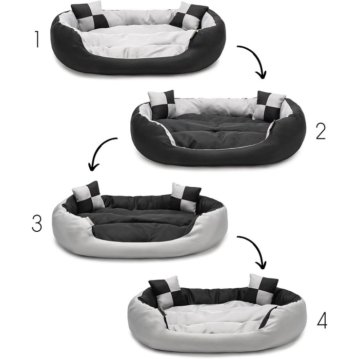 Кіжувалка для собак Lionto 4-в-1 з двостороннім подушкою з міцного Оксфорду, 65x50 см, для котів та собак всіх розмірів, з глибоким входом, включає декоративну подушку, водовідштовхувальна, сіра/чорна, розміри 65x50x20 см