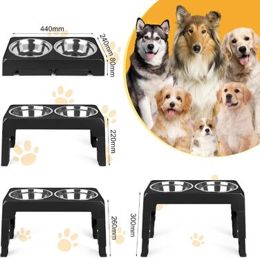 Підвищена годівниця для собак та котів з нержавіючої сталі, 2x1.8L, регульована висота, антиковзаюча, 44x24x8 см, чорна