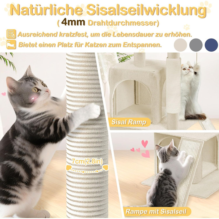 Драбина-кіготь для котів Naizy K1138, XXL, 49x41x93 см, з сизалевими стовпчиками та будиночком, блакитна