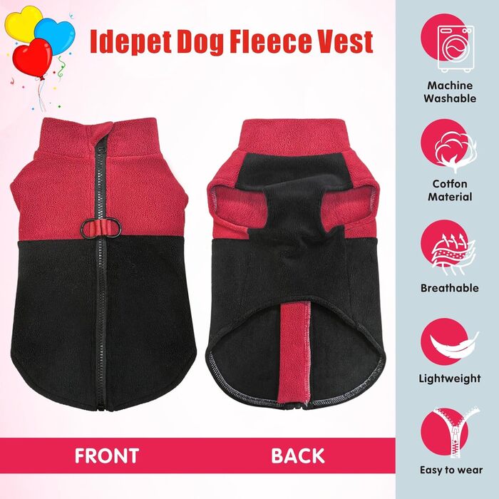 Тепла флісова жилетка для собак Idepet з блискавкою та кільцем для повідка, для холодного зимового періоду, для маленьких та середніх собак (Червоний/Чорний, L)