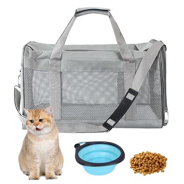 Транспортний бокс для котів та собак BYZESTY, складаний, 42 x 27 x 28 см, сірий (з мискою)