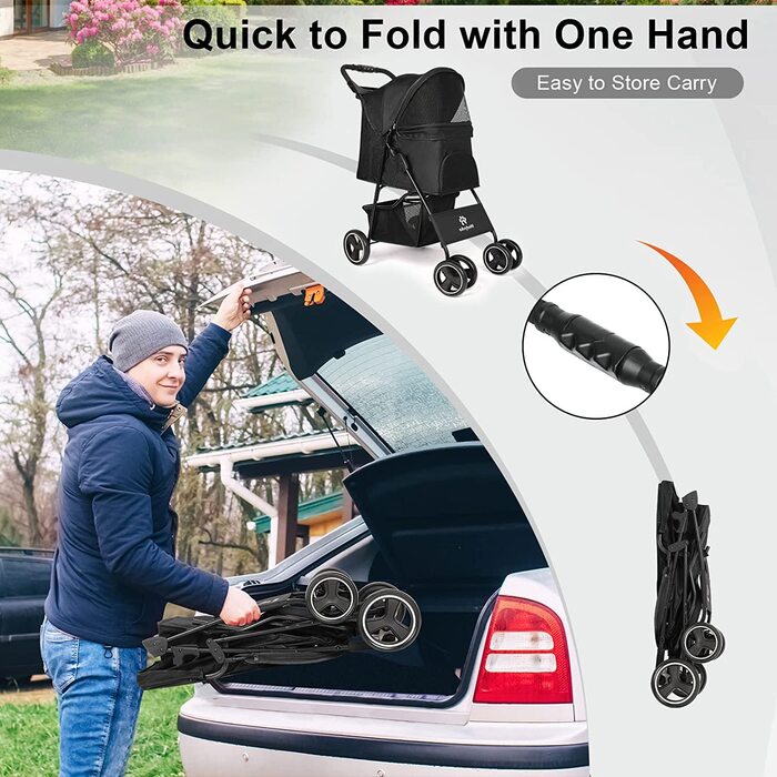 Дитяча коляска для тварин та дітей, складана, з кошиком для зберігання, поворотні колеса 360°, гальма, легка, чорна