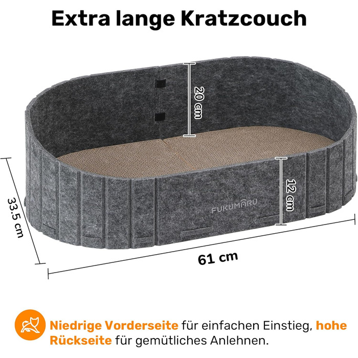 Кразборт для котів FUKUMARU, 61 см, крафтовий, у формі дивану, з круглими накладками, сірий