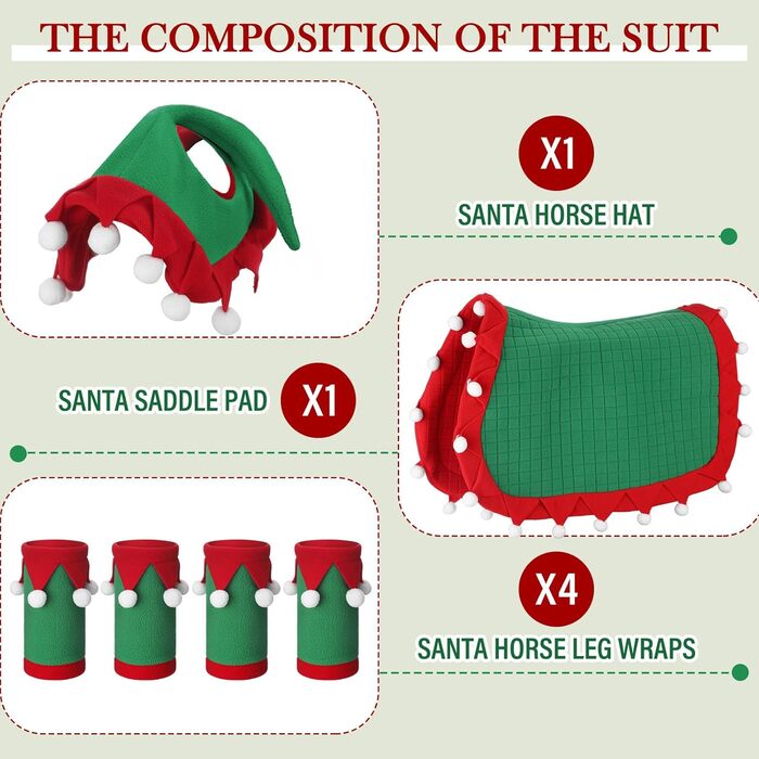 Набір з 6 шт. накладок на ноги для коня з штучним хутром, святкові, червоно-зелені, для декору та костюмів