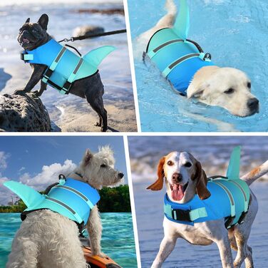Жилет для плавання собак Doglay з принтом акули, для відпочинку на воді, велика плавучість, регульований, для собак, блакитний градієнт (Small)