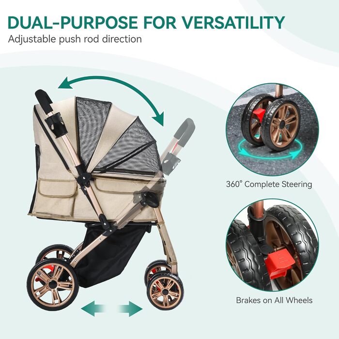 Візок для собак та котів YITAHOME, складна конструкція, до 22 кг, з обертовим ручками, сітковими вікнами, тримачем для напоїв та колесами EVA з гальмом (Бежевий)