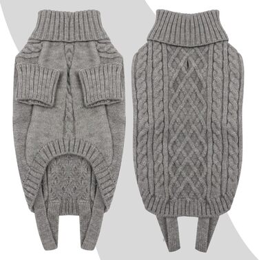 Теплий пуловер для собак середнього розміру з отвором для шлейки та петлями на ніжках, вязаний ролкраг. Підходить для Французького бульдога, Такси. Колір сірий, розмір L (Обхват грудей 54 см, довжина спини 40 см)