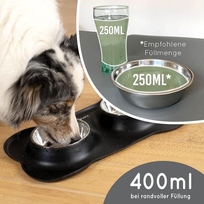 Підставка для миски з силікону KaraLuna з нержавіючою мискою для котів та собак | 400 мл, Чорний | Комплект мисок та підставки