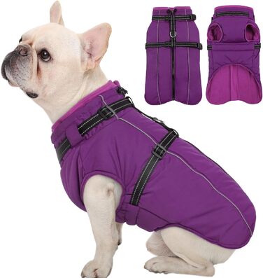 Теплий зимовий пуховик для собак Куосер (Kuoser) для маленьких порід, водонепроникний, з отвором для повідка, фіолетовий, розмір S (обхват грудей 44 см, шия 32 см)