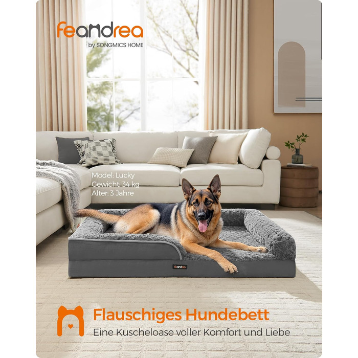 Ортопедичне ліжко для собак Feandrea, середнього розміру, водонепроникне, знімний плюшевий чохол, 91 x 68 x 16 см, PGW252G02 (XXL 122 x 85 x 16 см, сірий)
