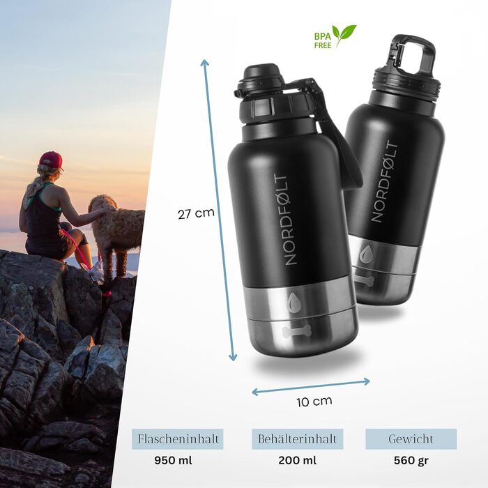 NORDFØLT® Поїлка для собак 4-в-1 з мисками для води та корму, 950 мл, ізотермо-пляшка з нержавіючої сталі, аксесуари для собак, BPA-Free