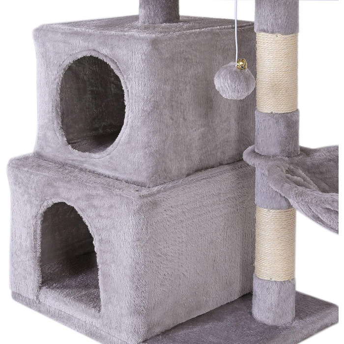 Кігтеточка для котів Lionto з м'ячиком та дзвіночком, висота 70 см, з сизалю та плюшу, зручна лежанка та печери, підходить для маленьких та великих котів, сірого кольору