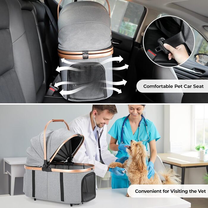 Візок для собак MAMIZO 4-в-1, до 25 кг, з амортизаторами, складний, для котів та собак (сірий)