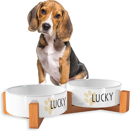 Персоналізована миска для собак OWLBOOK з ім'ям: миска для корму та води з кераміки та бамбука, 300 мл, з лапками