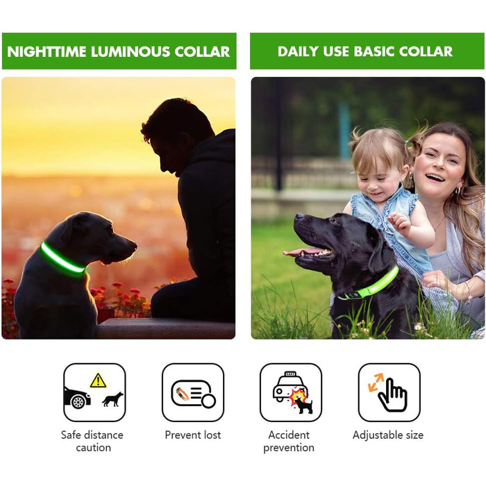 Світловідбиваючий нашийник для собак MASBRILL з LED, USB-C, регульований, водонепроникний, 3 режими світла, розмір M, колір зелений