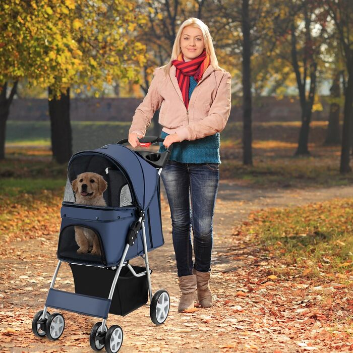 Собачий візок SOARS для собак та котів до 15 кг, складний, з сіткою, тримачем для напоїв та кошиком для зберігання, блакитний