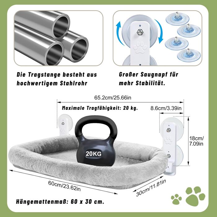 Кішка ліжко на вікно Casgee 60x30 см, гамак для котів з міцними присосками, ліжко для котів на вікно, складане ліжко для котів на вікно, підходить для котів вагою до 20 кг, гамак для котів на вікно (з великим ліжком для котів, сірий)