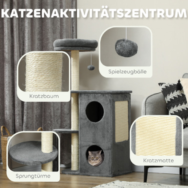 PawHut Cat Tree 111 см Cat Tree з котячою печерою, ліжко, ігровий м'яч, кігтеточка для кішки з сизалем Кігтеточки, для котів до 5 кг, сіра | Аосом