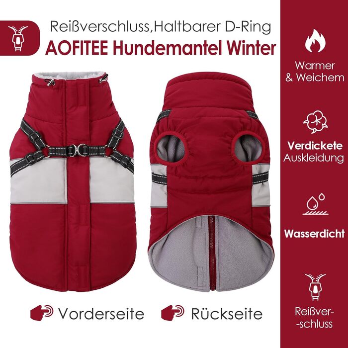 Теплий зимовий одяг для собак AOFITEE: куртка, жилет, водонепроникний, для великих порід (лабрадор, віндгорн, голден ретрівер), 2XL, бордовий