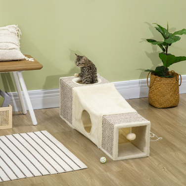 PawHut Котячий тунель з іграшкою Play Ball Cat, ігровий тунель Sisal, коричневий+бежевий, 98x30x30 см | Aosom