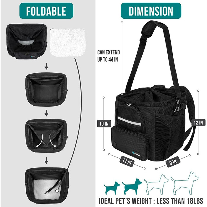 Корзина для собак PetAmi на велосипед, м'яка, з вентиляцією, рюкзак-переноска для собак, підходить для маленьких та середніх собак, кошенят, автокрісло з ременем безпеки (сірий, чорний)