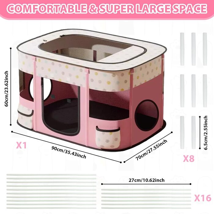 Клітка-забіг для цуценят, переносна огорожа для тварин, рожева клітка-забіг з тунелем (M)
