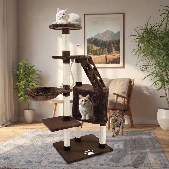 Дерев'яний кігтеточка для котів Beltom® з ігровим комплексом, 120 см, коричнева