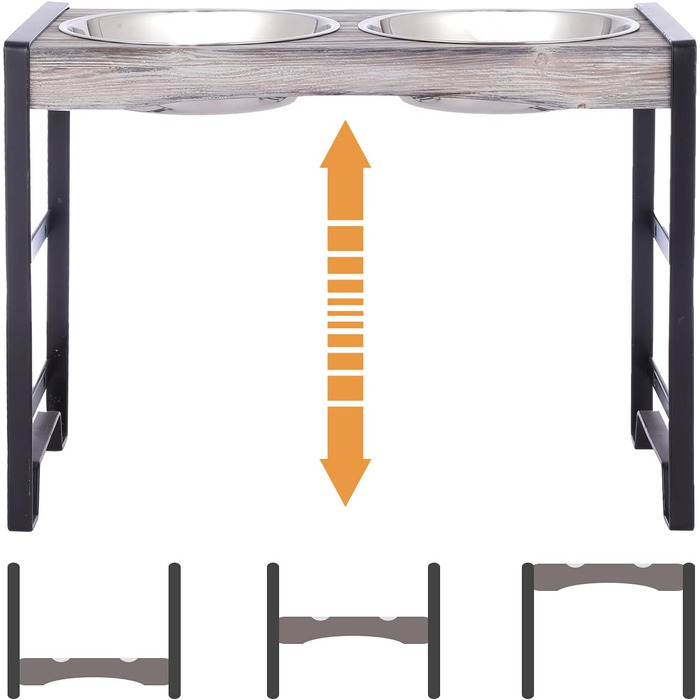 Підвищена годівниця для собак Satauko з 3 рівнями регулювання, дерев'яна годівниця для великих собак з двома мисками з нержавіючої сталі, протиковзна годівниця, миска для води та їжі. Сіра