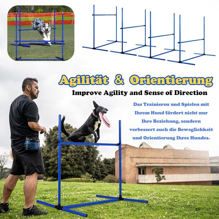Набір для аджиліті для собак LZQ: комплектація включає 4 переносні бар'єри регульованої висоти, тренувальний набір для собак, фігури для слалому, сумка для перенесення, розмір 104x70x101 см, блакитний колір