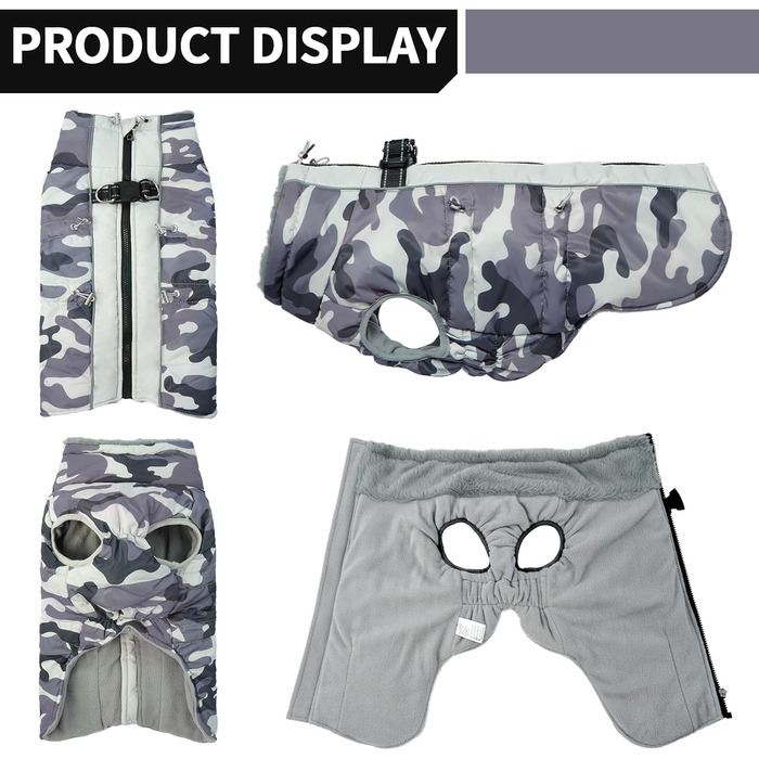 Водонепроникний теплий зимовий одяг для собак - куртка з отвором для шлейки, з відбиваючими смугами, для малих, середніх та великих собак, колір: сірий камуфляж, розмір: S