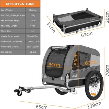 Tiggo VS Pets M: Причеп для собак, велосипедний, сірий