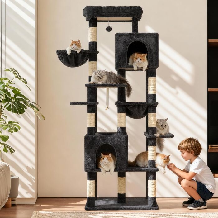 Комплекс для котів Heybly Kratzbaum 193 см, сірий: будиночки, гамак, кошик, 10 стовпчиків-дряпок