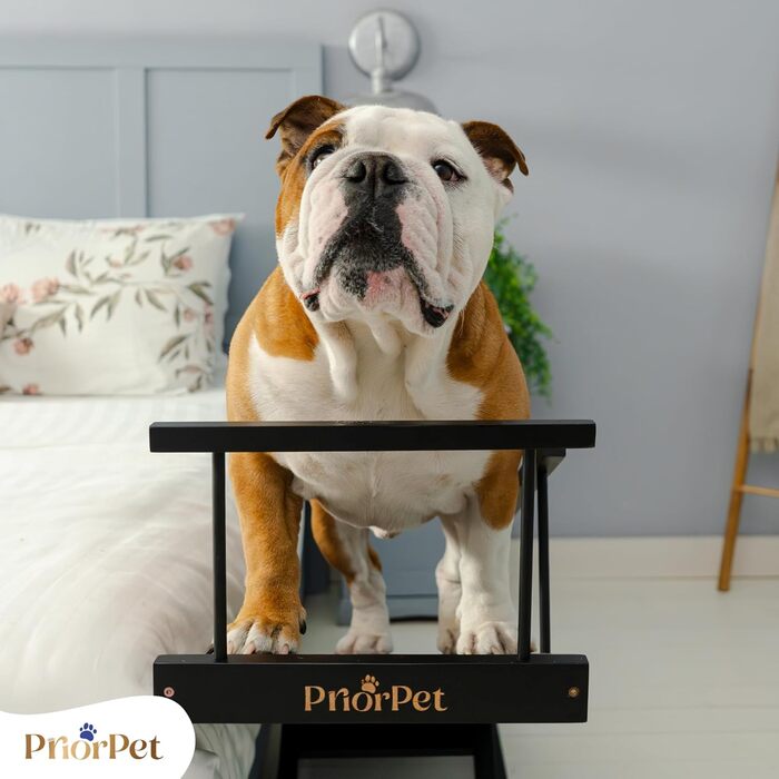 Сходинки для собак PRIORPET з берези з поручнями - регульована висота до 94.5 см - складаються - антиковзні ручки - для малих собак до 23 кг - коричневі (чорні)