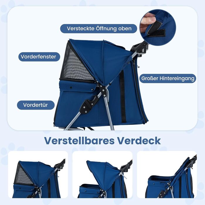 Візок для собак та котів COSTWAY, складна конструкція, до 15 кг, 3 колеса, з м'яким сидінням, регульованим козирком, ручкою, сітковими віконцями та кошиком, блакитний