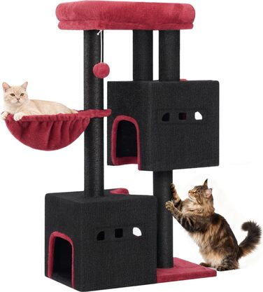 Дерево для кігтів Hzuaneri, 98 см, зі стійкою основою, з лежаком, будиночком для котів, сизалевими стовпчиками, кошиком та іграшками, меблі для котів, ігровий комплекс, MS07618LG (55 x 30 x 98 см, Чорний/Червоний)