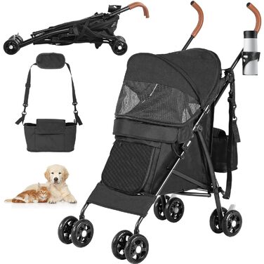 Візок для собак та котів YITAHOME Bis 11,3kg, чорний: складаний, з EVA-колесами, кошиком, сіткою, тримачем для напоїв