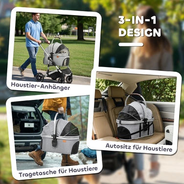 PawHut Коляска для собак 3 в 1 Dog Buggy Складна для собак і кішок до 10 кг Cat Buggy з подушкою Підстаканник Сітка Вікна Двері Кошик для зберігання Котяча коляска Баггі Світло-сірий | Аосом