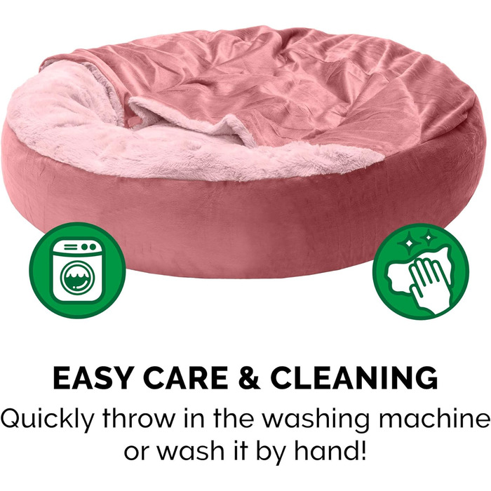 Кругла лежанка для собак Furhaven Donut з капюшоном, рожевий колір, розмір Small (61x61x18 см), плюш, вельвет, для заспокоєння, миється