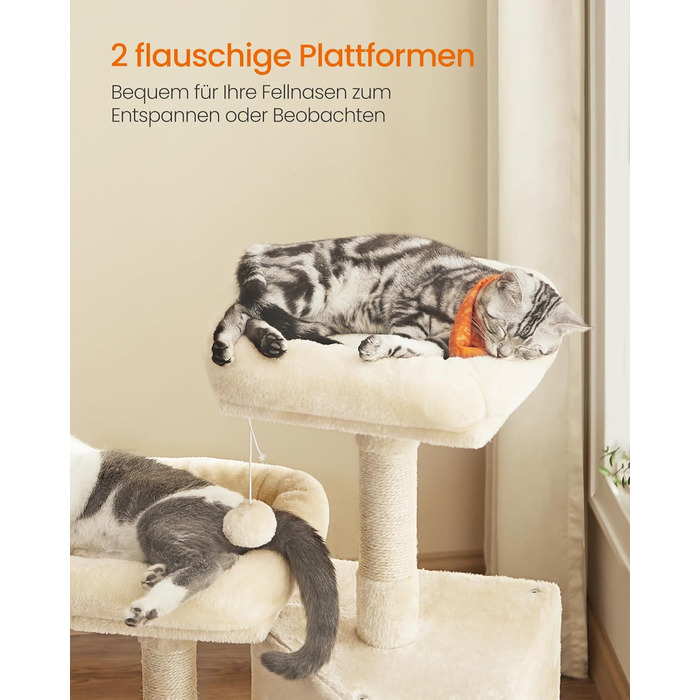 Дряпка для котів Feandrea, 115 см, кремово-білий колір, з дряпальною дошкою (50 x 35 x 115 см)