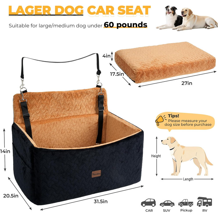 Автокрісло для собак великих та середніх порід до 27,2 кг – З піднятою передньою частиною (35,6 см), подушка з Memory Foam, знімний чохол (чорний/коричневий)