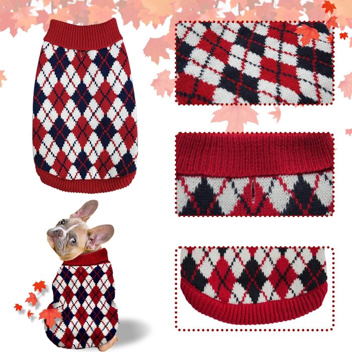Теплий в'язаний пуловер для собак та котів, розмір L, червоно-синій, з візерунком 