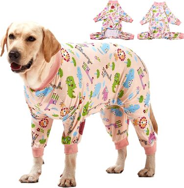 LovinPet Одяг для великих собак: піжама для собак великих порід, вузька посадка, легкий пуловер, повне покриття, з принтом рожевого кольору, розмір 3XL
