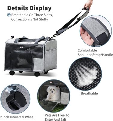 Транспортний бокс для котів та собак PETCUTE, складаний, з килимком, бічні кишені, з колесами, для подорожей та кемпінгу, сірий