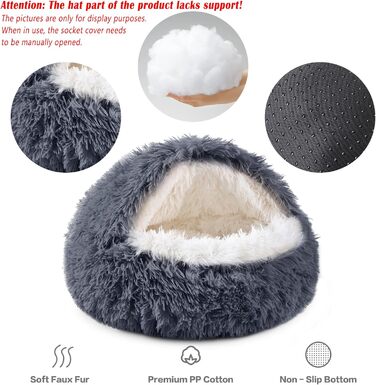 Кругле собаче ліжко NOYAL з капюшоном для маленьких та середніх тварин – плюшеве, м'яке, заспокійливе ліжко-печера для котів та собак (велике 70 см, сірий темно-сірий)