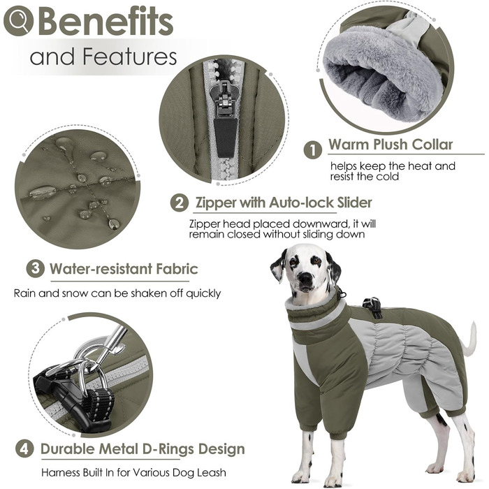 Зимовий комбінезон для собак AOFITEE - водонепроникний теплий одяг для великих собак з отвором для шлейки, теплий зимовий костюм для собак, підходить для Французького Бульдога (M, Оливковий)