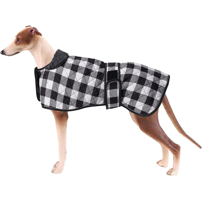 Водонепроникний теплий зимовий одяг для собак породи Віндгаунд/Вайппет/Лурчер, з флісовою підкладкою, регульований, розмір S (довжина спини 51-53 см), в клітинку, чорний