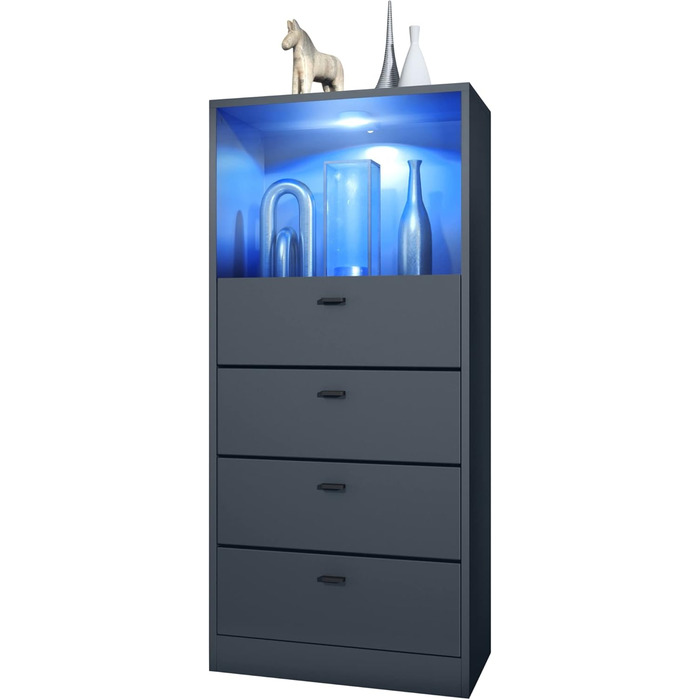 Комод Vladon Pino V3 з LED підсвіткою, 4 шухляди та відкрита полиця, антрацит матовий, Німеччина, 56x125x36 см