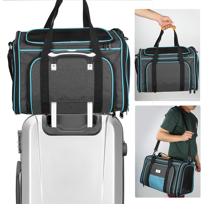 Транспортна переноска для котів та собак, складана, з мішковою сіткою зверху та з боків, з плечовим ременем та знімним килимком