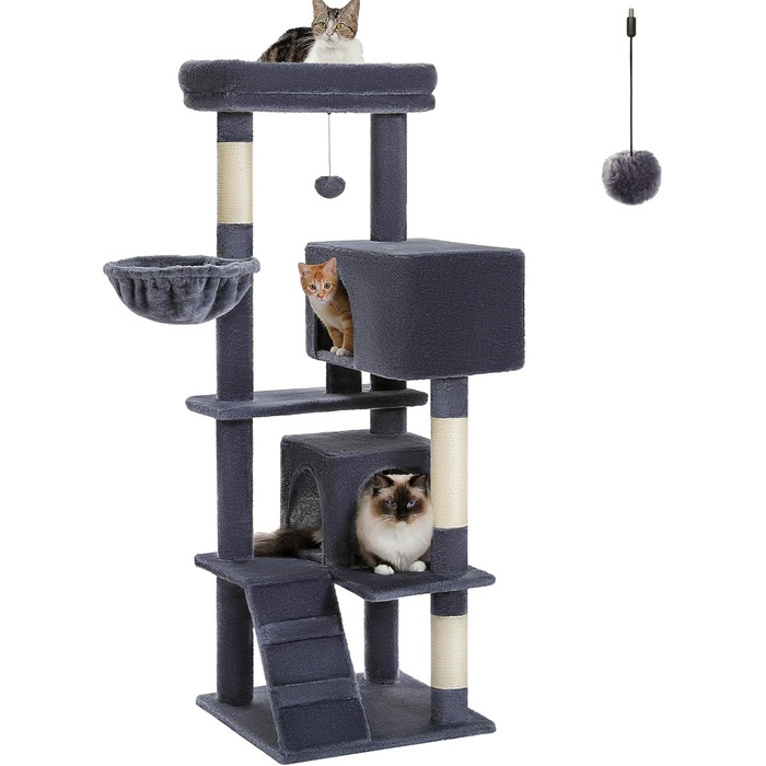 Кігтеточка PETEPELA 143 см з подушкою, кігтеточними стовпчиками, двоповерховим будиночком для котів – велика, зелена (темно-сіра)